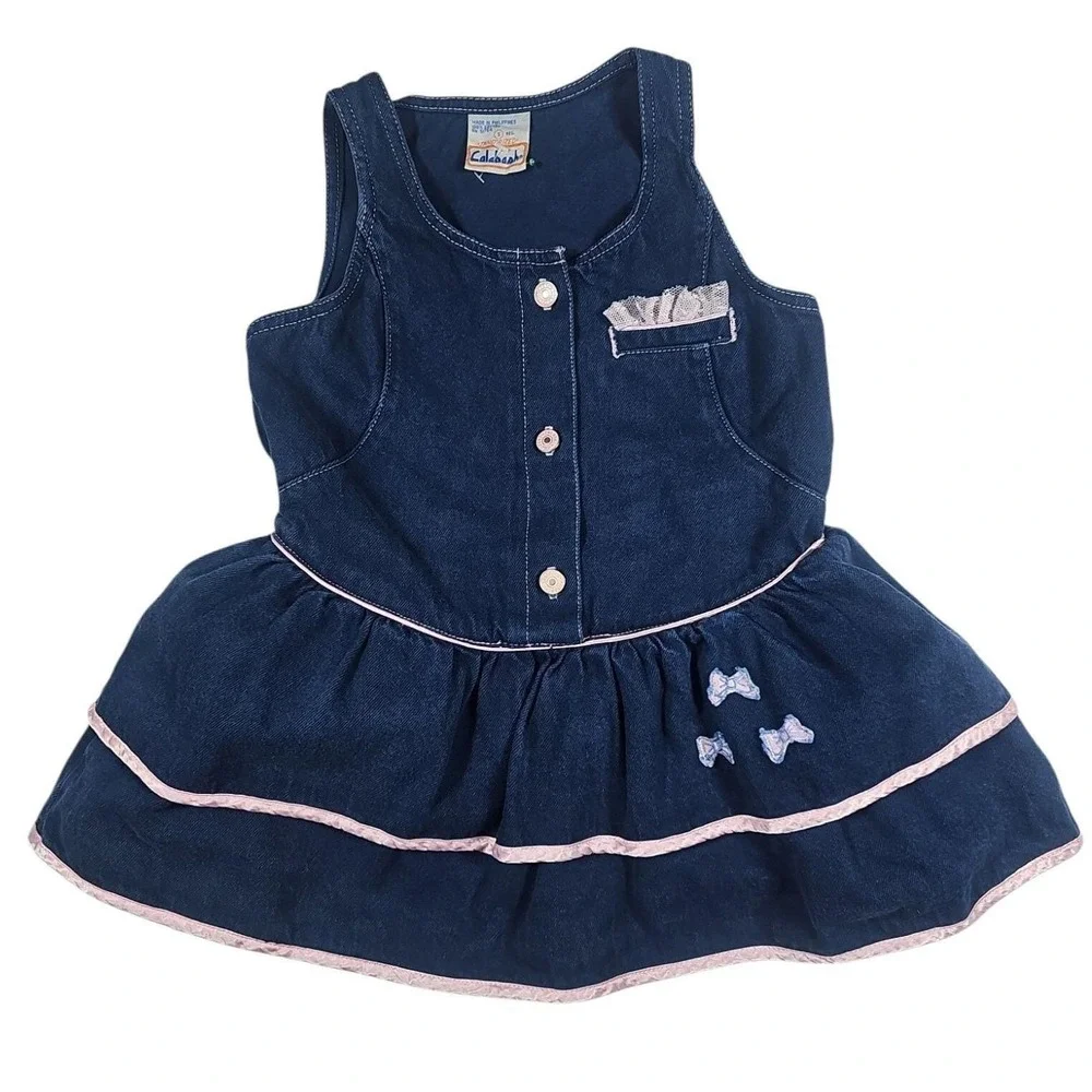 Calabash Denim Dress‎ Vintage Pink Trim Bows Sleeveless Girl's Size 5